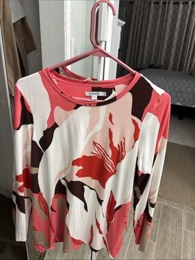 Chico's Coral, Red and Cream Abstract Print Long Sleeve Top